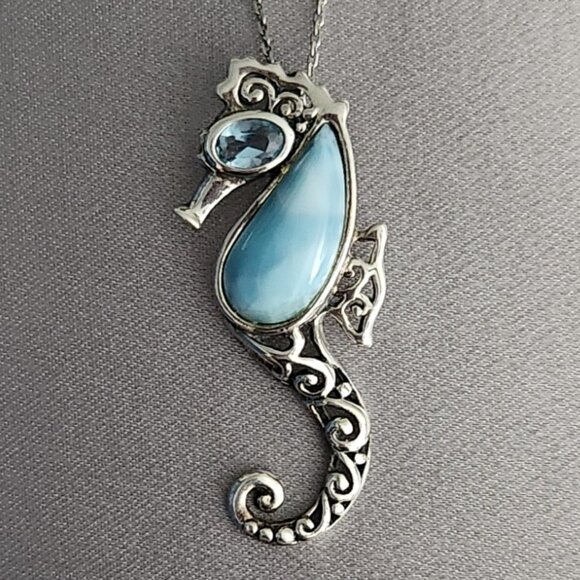 JTV Sterling Silver Larimar And Blue Topaz Seahorse Pendant - Picture 2 of 4